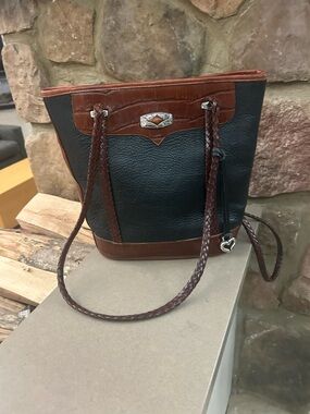 Vintage Brighton Two-Tone Black and Brown Shoulder Tote with Braided Straps